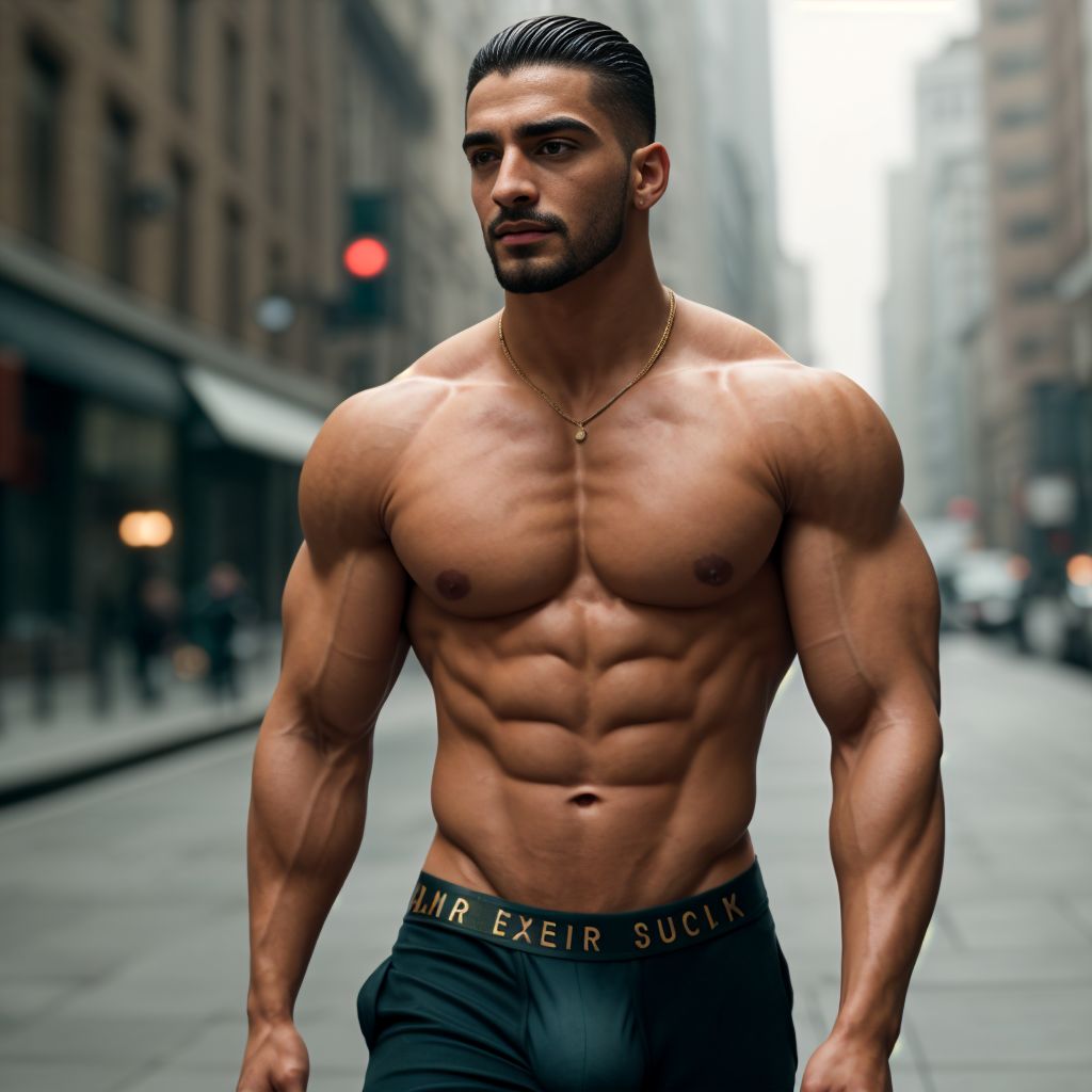 A 3D male figure exuding confident Maluma vibes, showcasing a prominent bulge accentuated by snug-fitting clothing. The scene captures him in a stylish urban setting, with playful lighting highlighting his chiseled physique and charismatic expression, exuding confidence and allure.