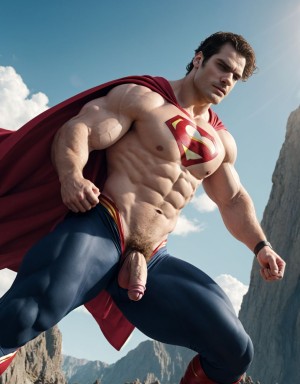 Henry Cavill está totalmente desnudo y musculoso. Tiene un pene grande. Tiene dos testículos grandes. Tiene vello en el pecho y tiene vello en los brazos. Tiene mucho vello y pelo. Foto muy realista texturas 8k. Está ambientado como Superman volando por el aire.