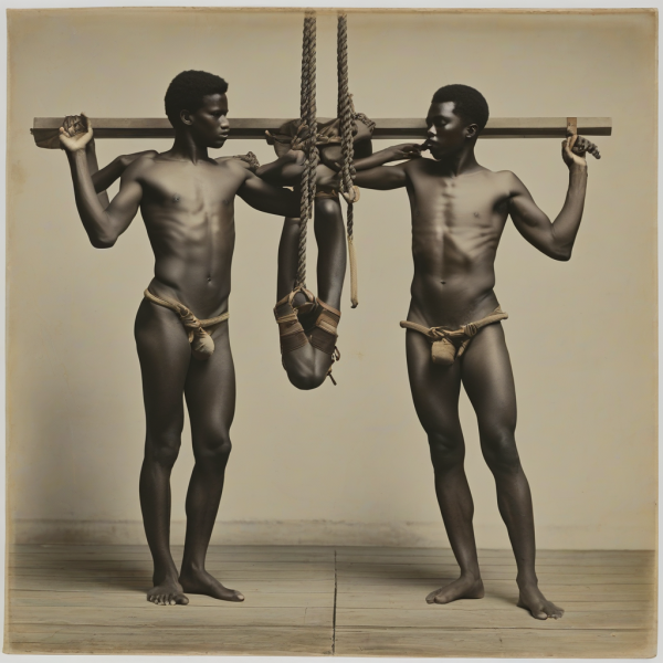 2 naked men tied hanging. Front look.