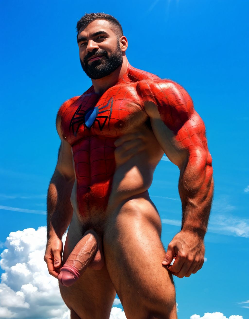 Spiderman velludo musculoso totalmente desnudo volando acostado en horizontal sobre una nube en cielo azul. Tiene el pene grande. Tiene los huevos grandes y peludos.