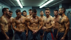 Claro, aquí tienes un posible prompt para ese escenario:Un grupo de hombres atléticos y sudorosos en medio de un gimnasio, rodeados de máquinas de ejercicios y espejos. La luz fluorescente resalta sus músculos definidos mientras sus cuerpos húmedos brillan. Algunos llevan pantalones cortos deportivos mientras otros están completamente al natural, sus pieles tocándose con confianza. El ambiente está cargado de energía y deseo, sus movimientos son apasionados e intensos. Los rostros llenos de placer, sus manos recorren músculos tensos y cuerpos entrelazados, creando una escena de puro deseo y conexión física. La atmósfera es de camaradería y exploración, donde cada individuo es libre de expresar su pasión en este entorno íntimo y excitante.