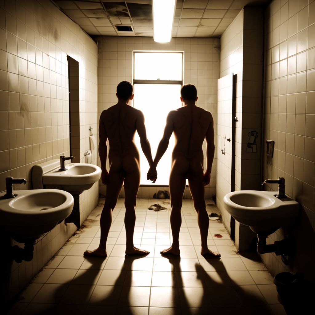 pareja gay, dos penes visibles, en un baño publico sucio luz dramatica