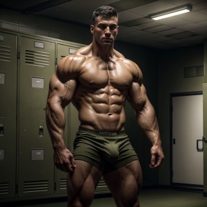 Hombre musculoso sin camiseta, ropa interior militar ajustada, calcetines verdes militares, en un vestuario de gimnasio, iluminación dramática, poros de la piel visibles, texturas realistas, 8k UHD, ambiente sensual y provocativo.