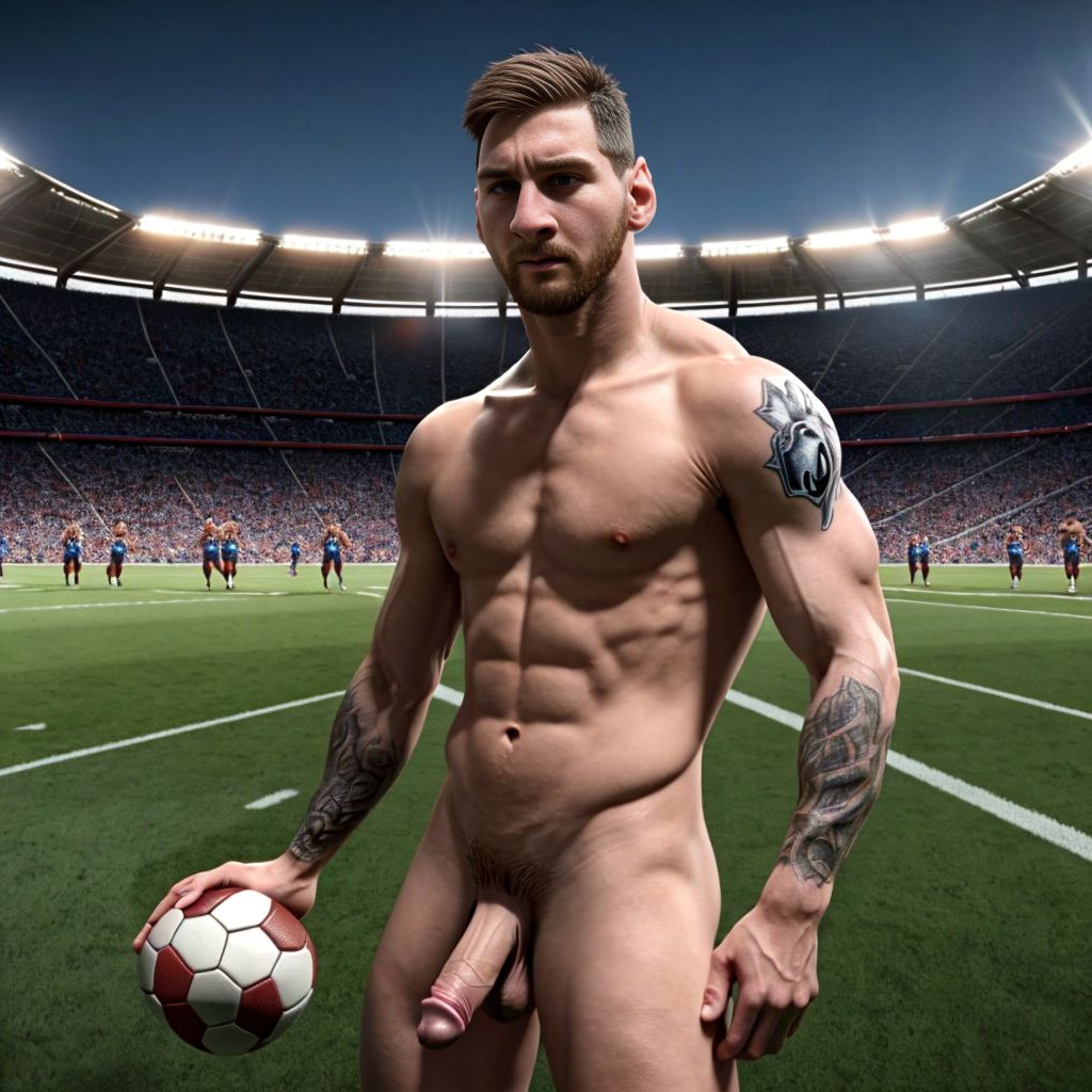 Lionel Andrés Messi Cuccittini está totalmente desnudo. Tiene pene bonito y grande. Tiene los testículos grandes y bonitos. Está de pie en el césped del campo de fútbol. Está rodeado de hombres desnudos futbolistas totalmente desnudos con pene y testículos, corriendo atléticamente.