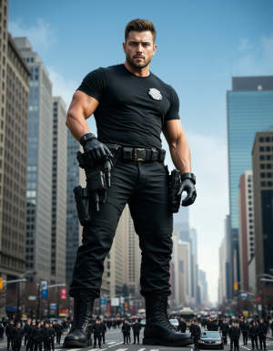 Giant man. The image is a high-resolution photograph capturing a dramatic scene in a bustling city street, likely in New York City, given the iconic skyscrapers and urban landscape. The central figure is a muscular man with a beard and a muscular build, dressed in a black SWAT team uniform, including a t-shirt, and heavy-duty boots. He stands tall, but the perspective is exaggerated, making him appear much larger than life, as if he is towering over the city street. His right hand holds a black utility belt with various tools and equipment, typical of a police officer or SWAT team member. The background features a clear, blue sky with a few wisps of clouds.