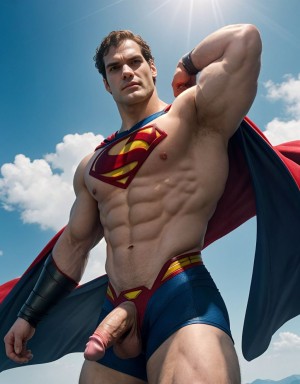 Henry Cavill está totalmente desnudo y musculoso. Tiene un pene grande. Tiene dos testículos grandes. Tiene vello en el pecho y tiene vello en los brazos. Tiene mucho vello y pelo. Foto muy realista texturas 8k. Está ambientado como Superman volando por el aire.