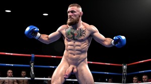 Foto muy realista texturas 8k. Conor McGregor está totalmente desnudo y de cuerpo entero, tiene un pene grande y bonito, tiene testículos grandes y con vello. Está totalmente desnudo de cuerpo entero. Tiene mucho vello en el pecho, piernas y brazos. Está en un gimnasio de boxeo rodeado de hombres boxeadores totalmente desnudos boxeando entre ellos. Amor y pasión.