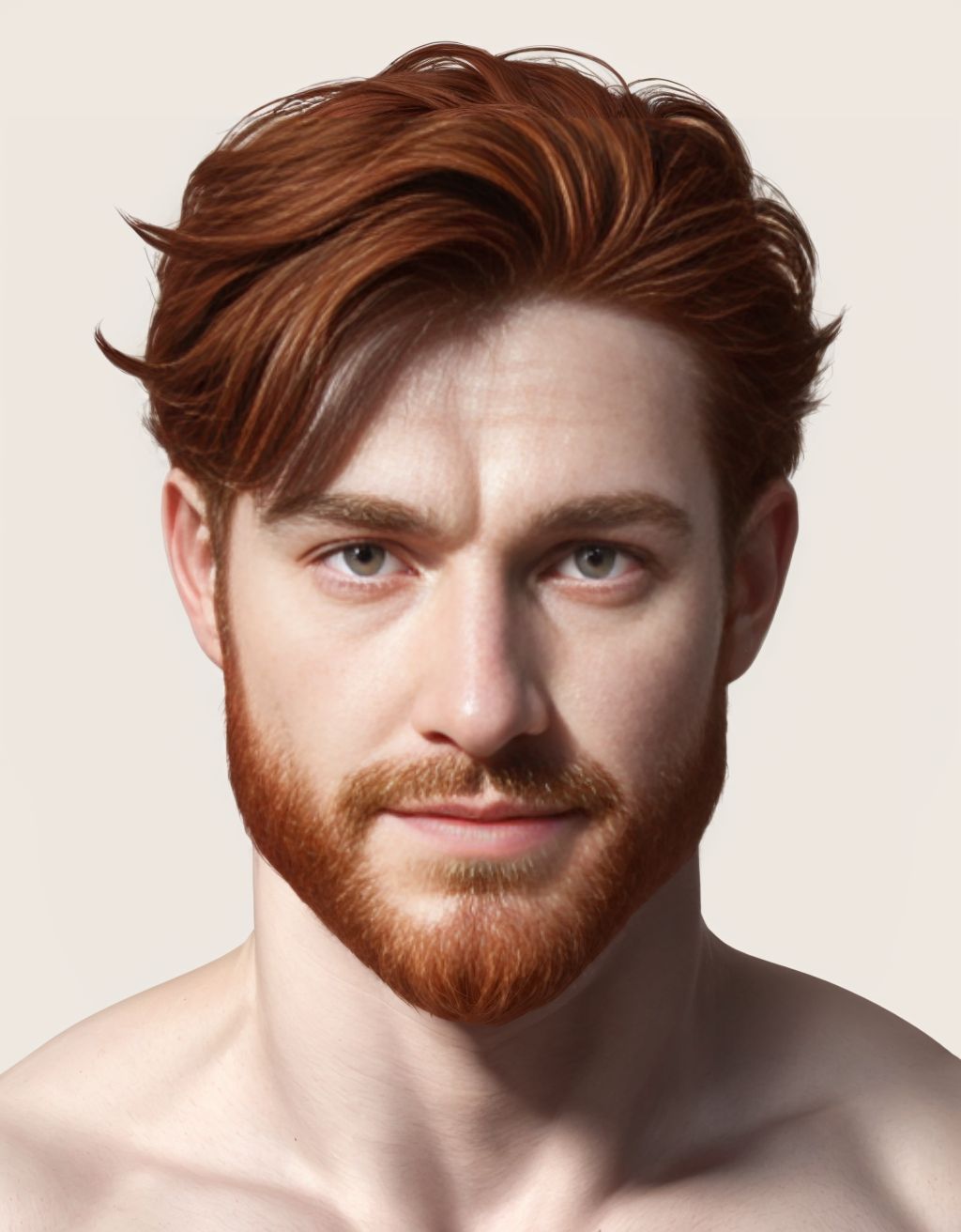 Foto muy realista texturas 8k de cuerpo completo de un Hombre desnudo de pie, mirando de frente con confianza, cuerpo trabajado y musculoso, con un pecho cubierto de vello rojizo, cabello largo y rojizo cayendo sobre sus hombros, barba tupida y bien definida, pene erguido y visible con orgullo, piel suave y pálida, con sutiles gotas de sudor en la frente y el torso, ojos brillantes y seguros, cejas bien definidas, nariz y labios finos, con una ligera sonrisa en el rostro, fondo neutro y minimalista para