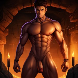 A handsome man, with a strong and defined physique, standing in a dimly lit dungeon. His penis is visible, showcasing his confidence and allure. The setting features dark stone walls, chains, and flickering torches casting shadows, enhancing the mysterious and erotic atmosphere. The man's expression is dominant, exuding power and seduction in this provocative environment.