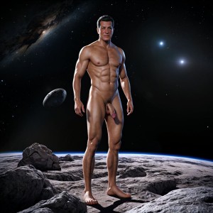 ROCK HUDSON desnudo de cuerpo entero. Está de pie.  Es una foto realista 8K. Tiene mucho vello en el pecho, piernas y brazos. Tiene pene bonito y grande. Tiene testículos grandes y bonitos. Está en el espacio interestelar, rodeado de tres astronautas totalmente desnudos. Tiene dos hombres negros totalmente desnudos.