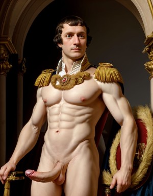 Napoleón Bonaparte totalmente desnudo. Tiene vello en pecho y brazos. Está de pie. Está totalmente desnudo musculoso. Se ve todo su cuerpo entero. Tiene pene grande erecto. Tiene testículos grandes. Tiene mucho vello y pelo. Foto muy realista texturas 8k. Está rodeado de soldados desnudos del Ejército Imperial Francés napoleónicos del año 1820 hay caballos desnudos y tiene cañones de la época napoleónica