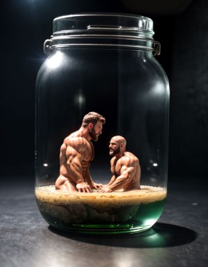 Hay una miniatura de dos hombres desnudos musculosos velludo dentro de un tarro gigante de cristal transparente. Professional photography, 85mm lDSLR quality. (Masterpiece:1.2), (highly detailed), (ultra realistic photography:1.3), RAW photo.