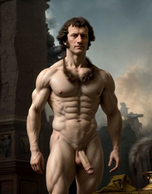 Napoleón Bonaparte desnudo. Tiene vello en pecho. Está de pie. Está totalmente desnudo musculoso. Tiene pene grande erecto. Tiene testículos grandes. Tiene mucho vello y pelo. Foto muy realista texturas 8k. Está rodeado de cañones de la época napoleónica.