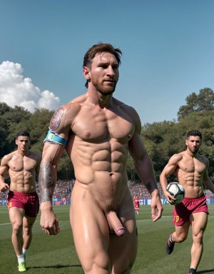 Lionel Andrés Messi Cuccittini está totalmente desnudo. Tiene pene bonito y grande. Tiene los testículos grandes y bonitos. Está de pie en el césped del campo de fútbol. Está rodeado de hombres desnudos futbolistas totalmente desnudos, corriendo atléticamente.