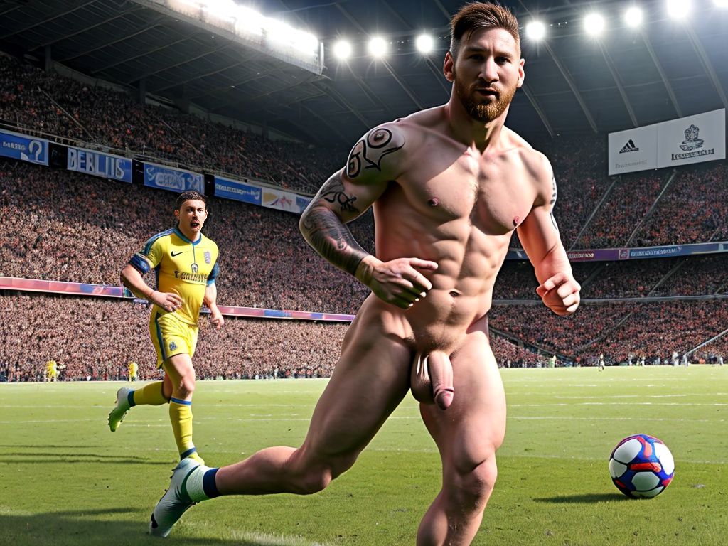 Lionel Andrés Messi Cuccittini está totalmente desnudo tal y como es él. Tiene a la vista su pene bonito y grande. Tiene los testículos grandes y bonitos. Está de pie en el césped del campo de fútbol. Está rodeado de hombres futbolistas totalmente desnudos, corriendo atléticamente.