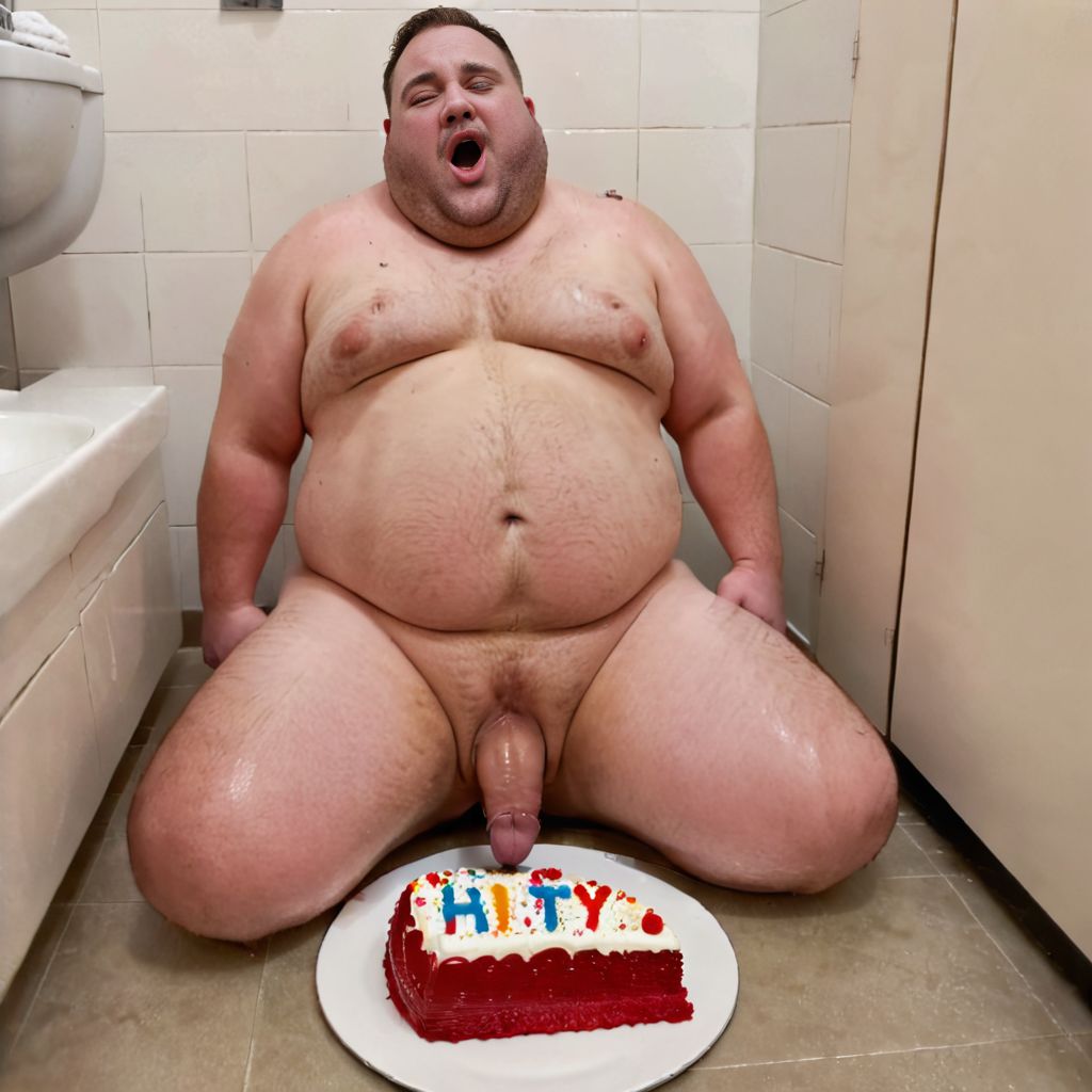 Hombre gordo desnudo con pene visible comiendo pastel en el suelo de un lavabo 