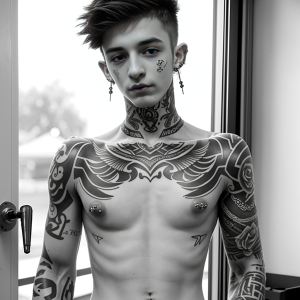 Twink tatuado con piercing en los pezones 