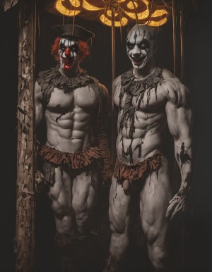 A menacing figure inspired by Art the Clown, standing in a dimly lit, eerie carnival setting. The character is dressed in a tattered, sinister clown costume that emphasizes his muscular build. His penis is visibly exposed, adding to the provocative nature of the scene. Shadows play across his painted face, showcasing a chilling grin as he leans against a vintage carousel, creating an unsettling yet captivating atmosphere.