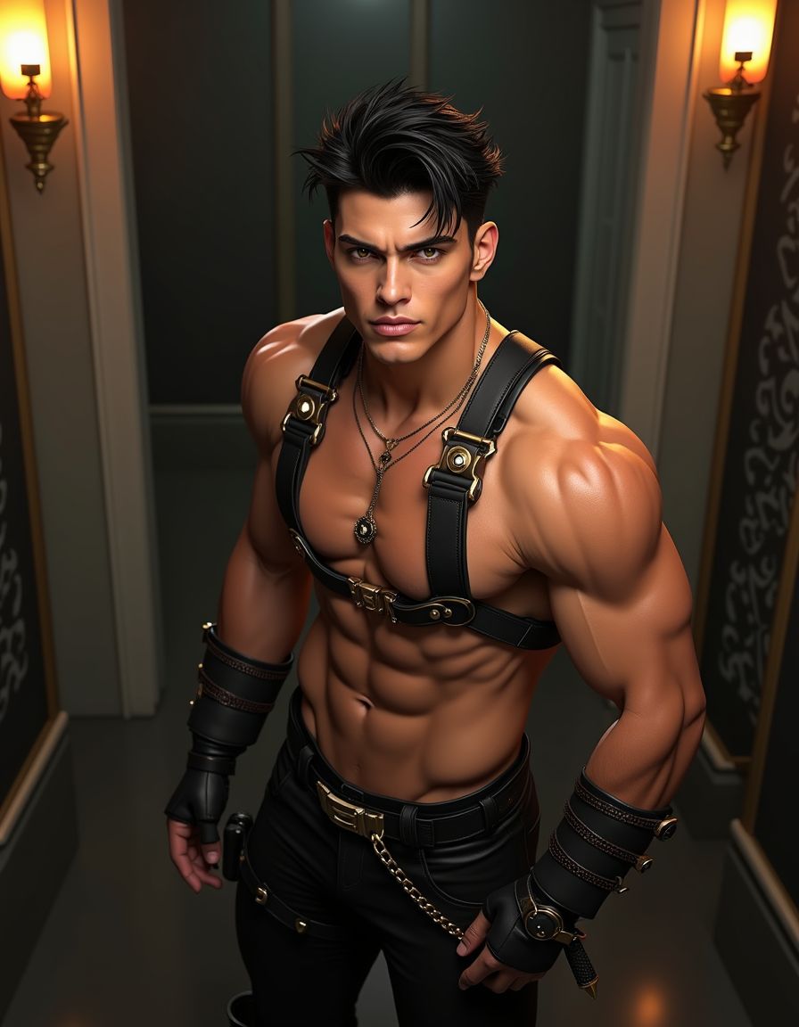 masterpiece, top quality, best quality, official art, beautiful and aesthetic, extreme detailed, colorful, highest detailed, sharp definition, Bright color. A photorealistic shot of jayce1, male, seductive, full lips, looking at viewer , beautiful symmetric face, slim man, muscled biceps, his face is handsome , highly detailed, exceptional realism, bright lighting, hyper realistic, iphone photo, simple background , high angle shot, <lora:iphone-dev-6:0.7> (feature full body, golden eyes, black hair), wearing harness, black leather pants with golden accents and knee-high boots, dark hall in steamconceptai style