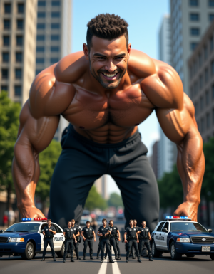 Hiper-realista render, hombre gigante musculoso de 22 años, físico imponente y atlético, sin camiseta, con chandal deportivo ajustado y zapatillas Nike de alta calidad, sonriendo con confianza y satisfacción, aplastando a un grupo de hombres diminutos que miden 1cm, policías uniformados con rostros de miedo y desesperación, con sus vehículos y equipo de policía también miniaturizados, en un entorno urbano con edificios y coches a escala normal, iluminación dramática y sombras profundas, texturas detalladas y realistas, foco en la escena de aplastamiento con los policías diminutos intentando escapar, expresiones faciales detalladas y emotivas, ambiente de poder y dominación, renderizado de alta calidad con luces y sombras realistas.