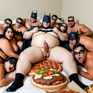 Orgy of a fat batman in a bed full of burgers and pizza,  visible penis