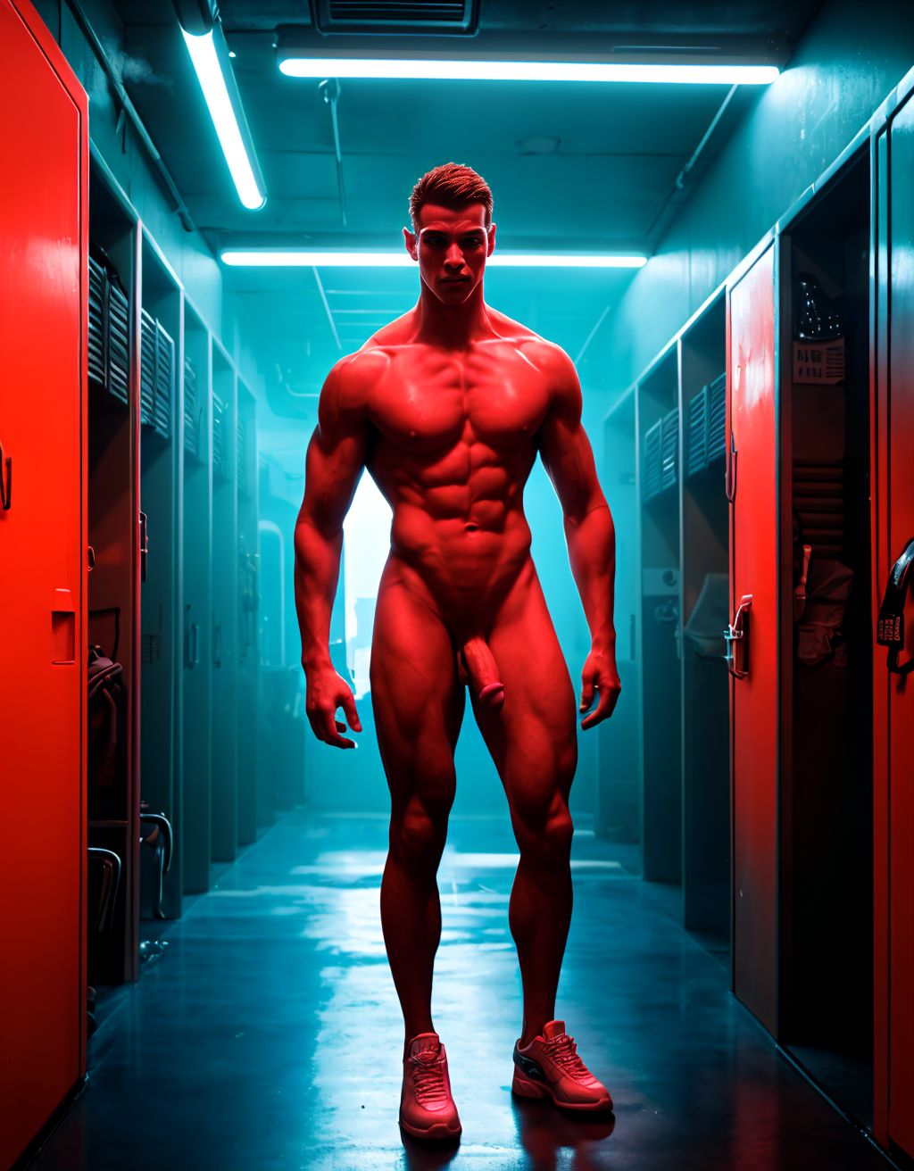 neon noir, American jock, confidently standing in a locker room, his toned physique accentuated by the bright lights. He is unclothed, showcasing his body, with his penis visible, casually leaning against the lockers, exuding an aura of youthful masculinity and athleticism. The atmosphere is both intimate and vibrant, with steam rising in the background, enhancing the allure of the scene. cyberpunk, dark, rainy streets, neon signs, low light, vibrant, highly detailed