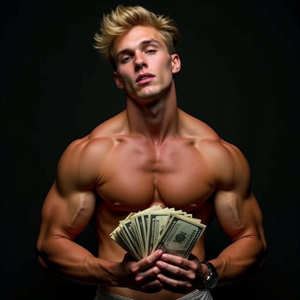 A 21-year-old muscular, shirtless man with blonde hair, showcasing his athletic physique. He holds a large stack of dollar bills in his hands, exuding power and wealth. The light accentuates every detail of his muscles, while a confident and challenging expression fills his face, creating an atmosphere charged with seduction and allure.