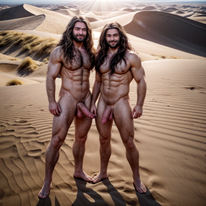 Fotografía Hiperrealismo en 8K: Dos hombres desnudos impresionantes. Tienen cabello largo y moreno, cabello ondulado. Tienen mucha cantidad de vello en pecho, tienen mucha cantidad de vello en los brazos y tienen mucha cantidad de vello en las piernas, exhibiendo su marcado cuerpo, su virilidad manifestada en su presencia. Tienen bonito pene muy grande y grandes testículos peludos. Ambos están la Luna rodeados de dunas de arena y en el cielo se ven muchas estrellas de colores, los rayos del sol iluminan sus cuerpos, proyectando un aura de plenitud.