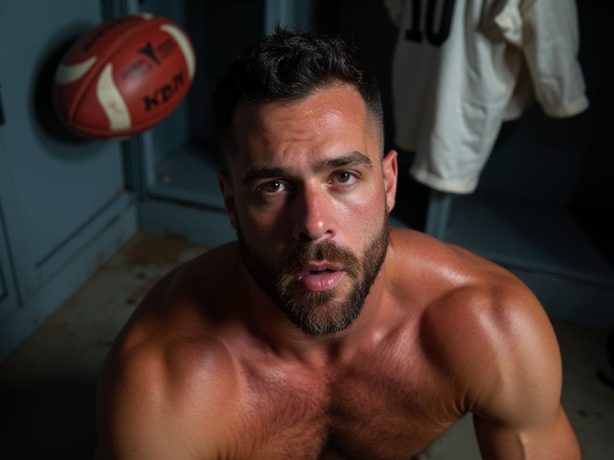 Un fornido jugador de rugby, con músculos bien definidos, está arrodillado en el vestuario. La luz tenue del lugar resalta cada curva de su cuerpo, su piel bronceada brilla con un leve reflejo de humedad. Sus ojos muestran una mezcla de agotamiento y satisfacción, y en su rostro hay trazos evidentes de un momento íntimo compartido. La textura y el brillo del fluido resaltan sobre su mandíbula y mejillas, contrastando con su barba incipiente. Lleva puesto únicamente la parte inferior de su uniforme, un pantalón corto de rugby que cuelga bajo en sus caderas, dejando poco a la imaginación. A su alrededor, hay rastros de una intensa competición: un balón de rugby manchado de barro y un número 