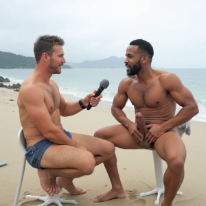 A full body portrait photo taken on iPhone of two naked men in a interview at a nude beach on a cloudy day. They are bare feet. The man on the left is a 30 years old, muscular caucasian man, shirtless, heiry chest, wearing jeans shorts. His penis is not visible. He is holding a microphone towards the man on the right. The man on the right is an nigerian man, very muscular, hairy, completely naked, and showing his erect penis. He has crew cut hair, beardless, has his hands on this waist, and he is talking to the microphone. High definition. hirsute, hairy back, hairy shoulders, hairy, penis, penis, erect penis.