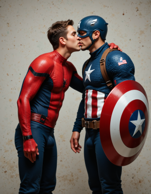 Spiderman and Captain America kissing