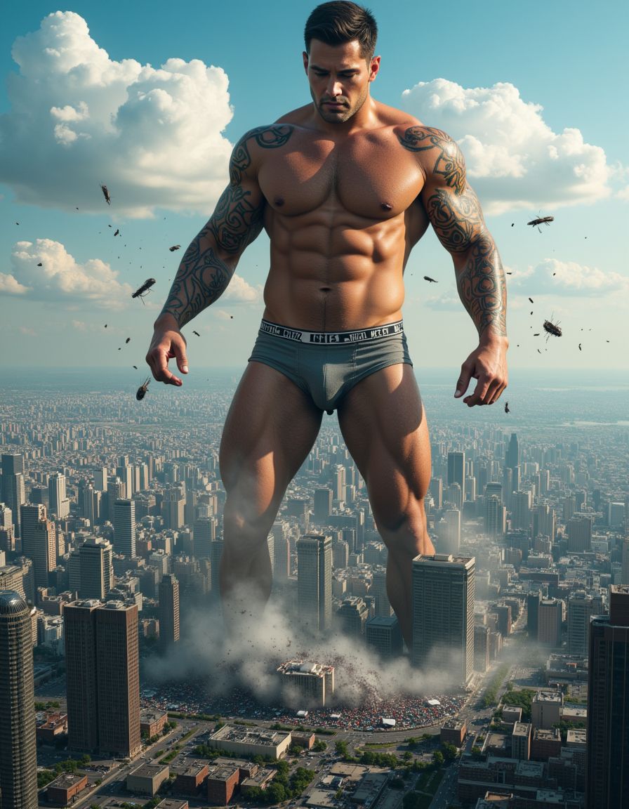 A massive, muscular 25-year-old man towering over a densely packed modern city. His body is extremely defined with visible abs, powerful legs, and large arms covered in tribal tattoos. He is wearing only a fitted brief-style underwear, emphasizing his muscular physique. The giant is actively crushing skyscrapers beneath his feet, with debris flying into the air as his immense size causes destruction. Tiny cars and people are scattered below, emphasizing the scale of his size. The lighting is dynamic, with sunlight casting dramatic shadows on his body and the buildings. The scene is cinematic, with a mix of realism and epic proportions, featuring a vivid, detailed cityscape with scattered clouds in the background.