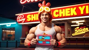 Hombre musculoso con disfraz de pollo ajustado, mostrando piel, pene visible, delante de un restaurante de comida rápida, sonriendo seductoramente, cartel de promoción en mano, fondo de luces neon, ambiente animado.