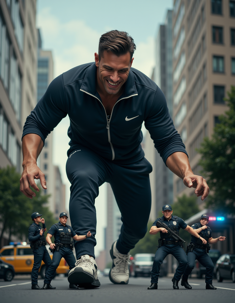 Hiper-realista render, hombre gigante musculoso de 22 años, físico imponente y atlético, vestido con chandal deportivo ajustado y zapatillas Nike de alta calidad, sonriendo con confianza y satisfacción, aplastando a un grupo de hombres diminutos que miden 1cm, policías uniformados con rostros de miedo y desesperación, con sus vehículos y equipo de policía también miniaturizados, en un entorno urbano con edificios y coches a escala normal, iluminación dramática y sombras profundas, texturas detalladas y realistas, foco en la escena de aplastamiento con los policías diminutos intentando escapar, expresiones faciales detalladas y emotivas, ambiente de poder y dominación, renderizado de alta calidad con luces y sombras realistas.