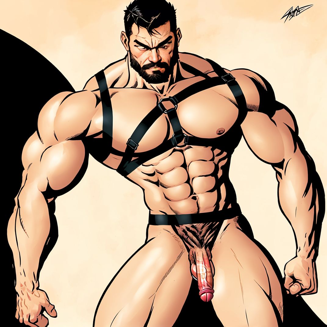 A muscular man with an athletic build, wearing a harness and a revealing suspensorio. He has a bit of facial hair, adding to his rugged appearance. The setting is a dimly lit space, with dramatic shadows highlighting his defined muscles, creating an intense and captivating ambiance. ((( visible penis)))