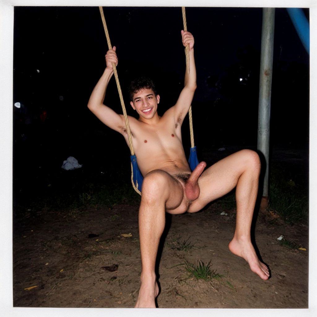 A 90s style photograph with light blur and noise as though taken on a cheap poloroid camera. The photograph was taken at night in darkness with the harsh flash from the camera on the subject. The subject shows an 18 year old Thai Asian male fully naked with a penis between the legs sitting on a swing in a park with a smile towards the camera.