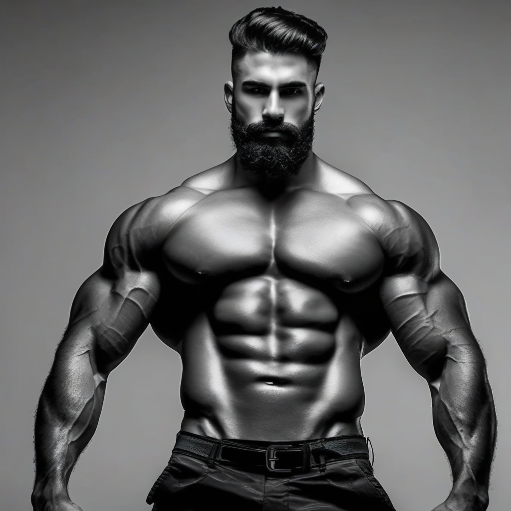 hombre musculoso de frente, cuerpo completo, brazos fuertes, pecho peludo, pene pequeño