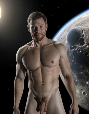 Neil Armstrong desnudo totalmente desnudo. Tiene el pecho con vello y brazos con vello. Está totalmente desnudo de pie y pisando el suelo Lunar. Está totalmente desnudo musculoso. Tiene pene grande erecto. Tiene testículos grandes. Tiene mucho vello y pelo. Foto muy realista texturas 8k. Está de pie desnudo en la Luna rodeado de arena y de la nave espacial Apolo11. Está rodeado de hombres totalmente desnudos.