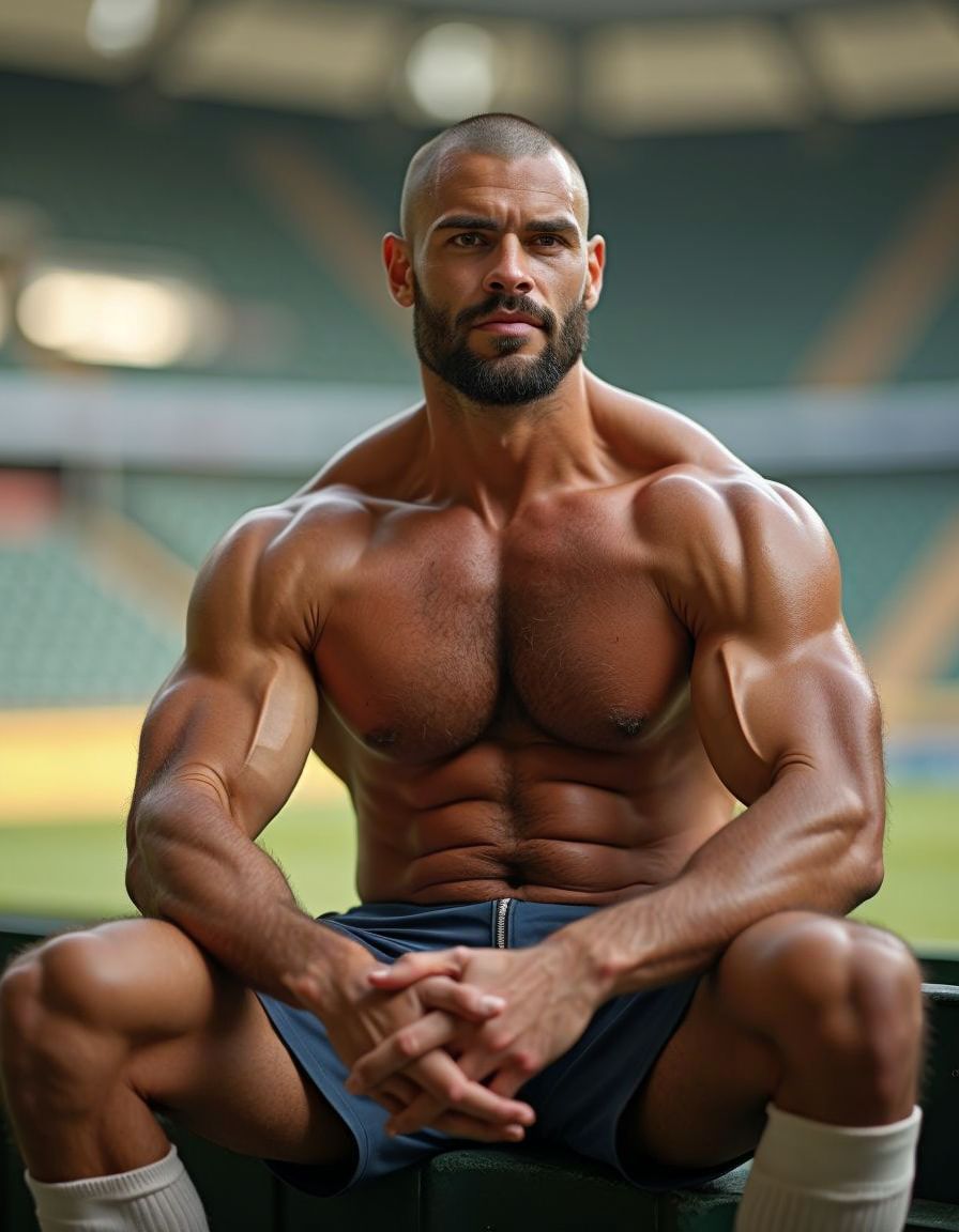 A highly muscular, hairy, shirtless man with a shaved head with a short beard sitting on seat at football stadium, spreading legs. He has a confident smile, strong jawline, and intense gaze. His skin is glistening under the sunlight, highlighting his well-defined abs, chest, and arms. He is fully nude, naked, emphasizing his athletic build. Wearing only soccer socks and soccer shoes. He has soft flaccid penis, pubic hair. The background features a blurred soccer stadium with empty seats, creating a dynamic contrast between the subject and the setting. The lighting is natural and warm, enhancing the details of his physique. Focus on his body