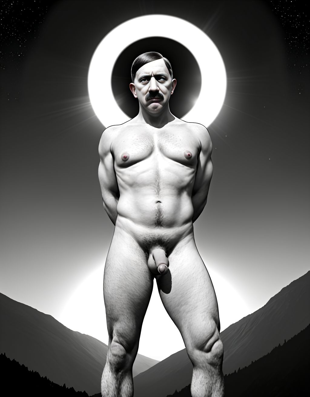 Adolf Hitler de cuerpo entero desnudo musculoso. Tiene un pene grande. Tiene dos testículos grandes. Tiene mucho vello en el cuerpo. Musculoso. Foto muy realista texturas 8k. Rodeado de estrellas y el sol reluciente que ilumina la cara y todo el cuerpo.