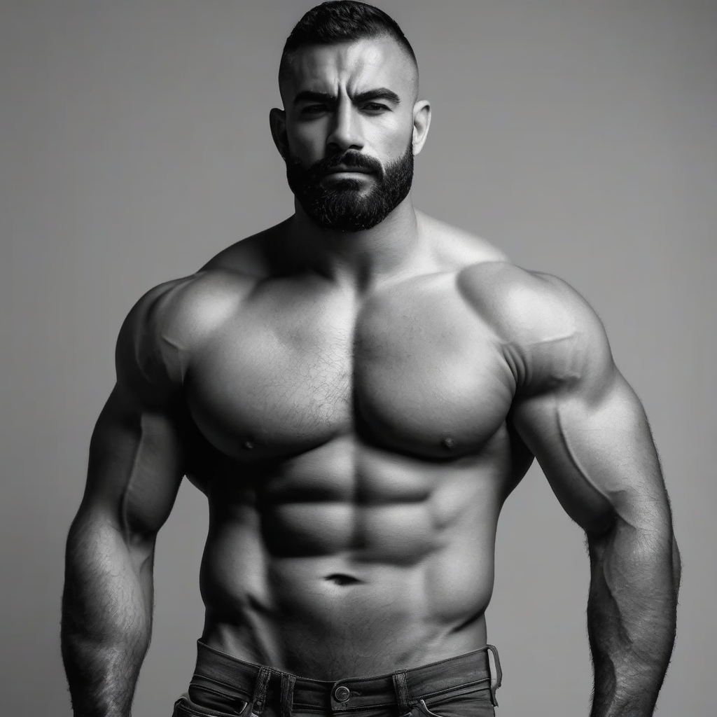 hombre musculoso sumiso humillado de frente, cuerpo completo, brazos fuertes, pecho muy peludo, pene pequeño