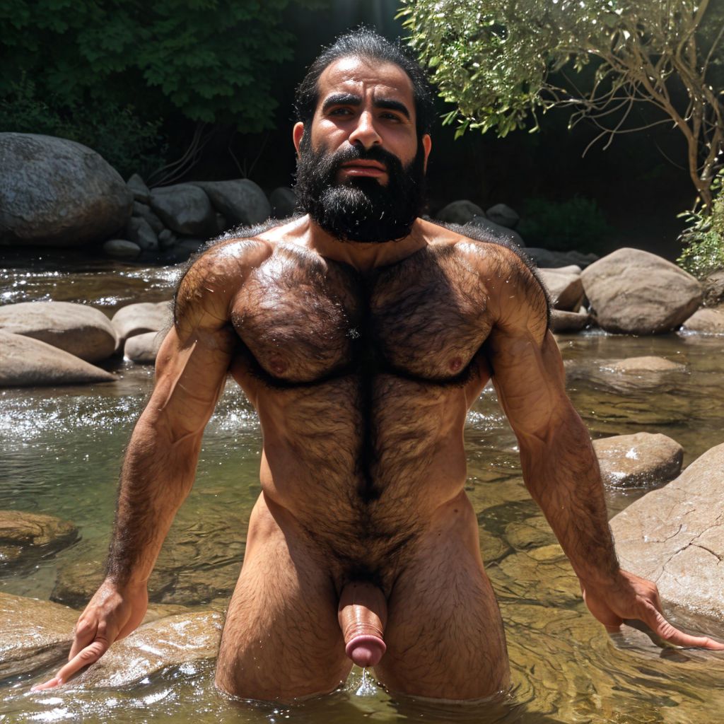 Un hombre árabe extremadamente peludo, con un gran pene, de pie en un entorno natural, orando en un arroyo. La luz del sol brilla sobre su cabello, resaltando sus músculos y vellos en un contraste cautivador. Su expresión es de alivio mientras deja fluir su orina en el agua clara, creando un ambiente de liberación y conexión con la naturaleza.