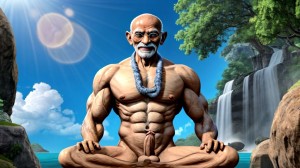 Mahatma Gandhi desnudo. Tiene el pecho velludo y brazos velludos. Está sentado en una roca. Está totalmente desnudo musculoso. Tiene pene grande erecto. Tiene testículos grandes. Tiene mucho vello y pelo. Foto muy realista texturas 8k. Está rodeado de tela blanca hindú y agua clara de India. Está rezando en un ambiente místico. Gandhi fue un célebre pensador, político y abogado hinduista de origen indio.