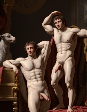 Napoleón Bonaparte desnudo. Tiene el pecho velludo y brazos velludos. Está de pie. Está totalmente desnudo musculoso. Tiene pene grande erecto. Tiene testículos grandes. Tiene mucho vello y pelo. Foto muy realista texturas 8k. Está rodeado de cañones de la época napoleónica.