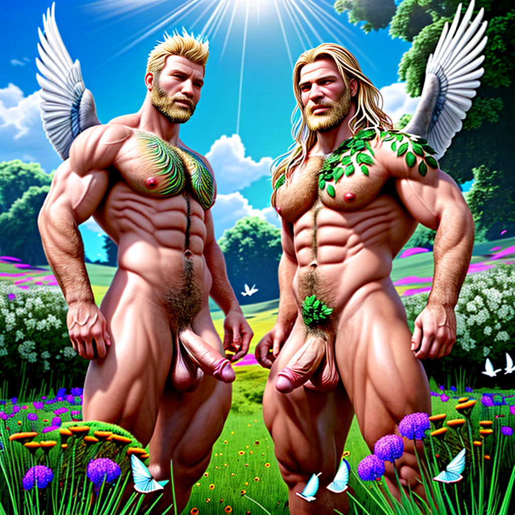 Foto híperrealista en 8k. Dos hombres musculosos de pie muy velludos con cabello rubio y penes grandes y testículos grandes. Hay muchas flores de todos los colores en un prado de plantas verdes y muchos pájaros de colores, hay un pavo real, hay palomas blancas volando en el cielo azul. Tienen el cabello movido por el aire ingrávidamente, mientras la luz del sol les alumbra y salpica el entorno.