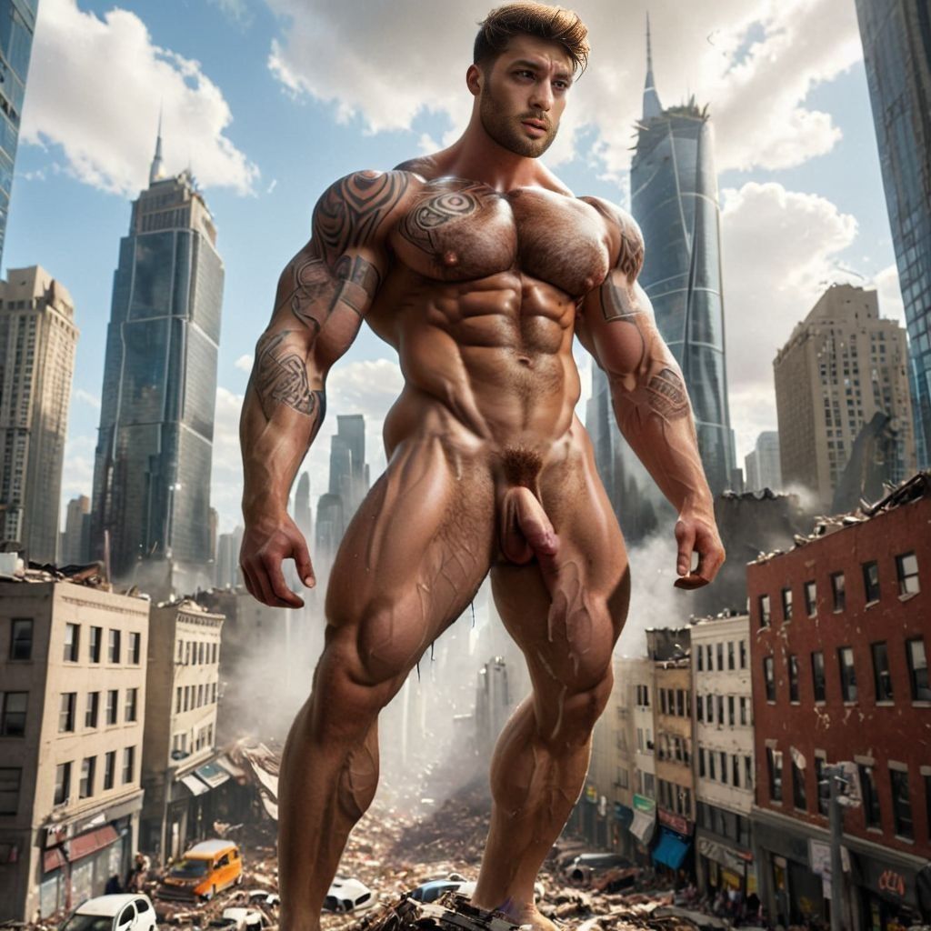 Giant male naked destroying city