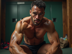 (((Masterpiece, detailed))) POV scene, a nude muscular rugby player with a rugged physique, realistic skin textures, sweat glistening on his skin. He has an intense expression, the aftermath of passion visible on his face. Locker room setting, sports gear scattered around, dynamic pose, expressive face, high-resolution rendering, emphasis on strong athletic form, sensual and dramatic mood, intense focus on the moment, detailed anatomy captured, intimate and powerful scene.