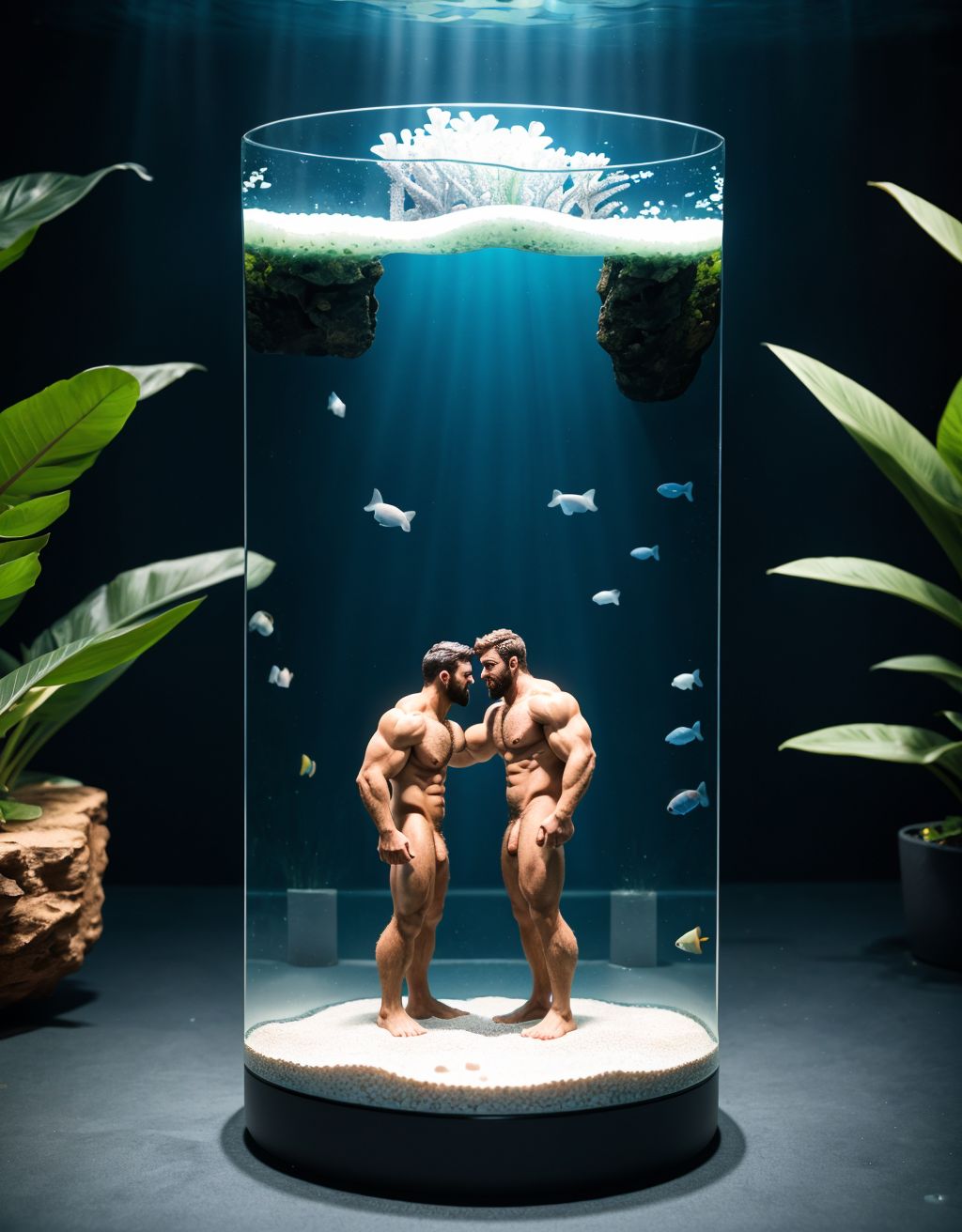 Hay una miniatura de dos hombres desnudos musculosos velludo dentro de una pecera gigante de cristal transparente. Professional photography, 85mm lDSLR quality. (Masterpiece:1.2), (highly detailed), (ultra realistic photography:1.3), RAW photo.