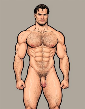 Henry Cavill está totalmente desnudo. Está de pie, de cuerpo entero enseñando su bonito y gran pene. Tiene bonitos y grandes testículos peludos. Tiene mucho vello en su pecho.