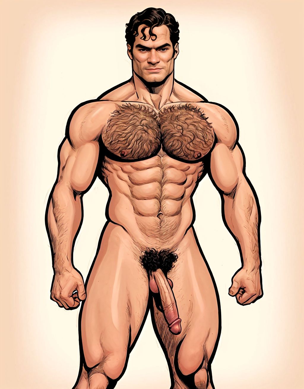 Henry Cavill está totalmente desnudo. Está de pie, de cuerpo entero enseñando su bonito y gran pene. Tiene bonitos y grandes testículos peludos. Tiene mucho vello en su pecho.